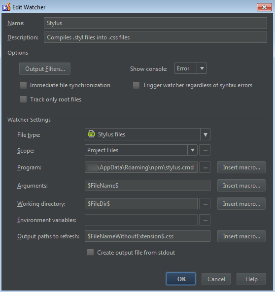 Настройка Watcher для stylus в IDE WebStorm